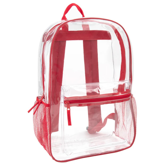 Wholesale 17 Inch Clear PVC Backpack Red Bulk Transparent Backpacks for Schools Events IntoWholesale Wholesale 17 inch Clear Pvc Backpack in Red Transparent Durable and Stadium approved for School and Events