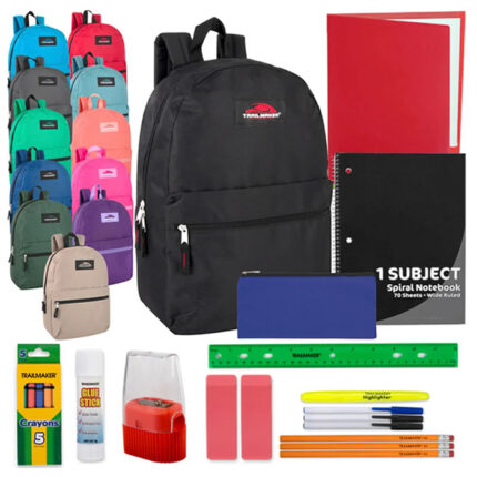 Wholesale 17 Inch Classic Backpacks with 20 Piece School Kit Bulk School Supplies in 12 Colors