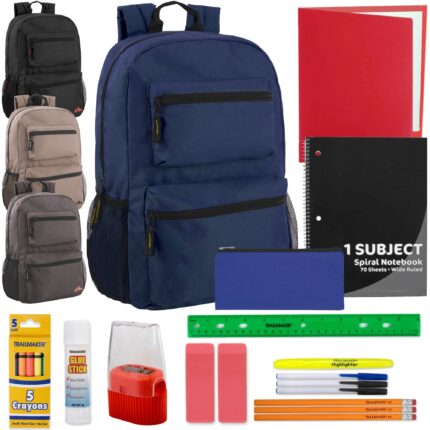 17 inch double front pocket backpack with 20 piece school supply kit in boys colors