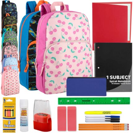 17 inch printed backpack with 20 piece school supplies kit in assorted prints