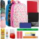 17 inch printed backpack with 20 piece school supplies kit in assorted prints