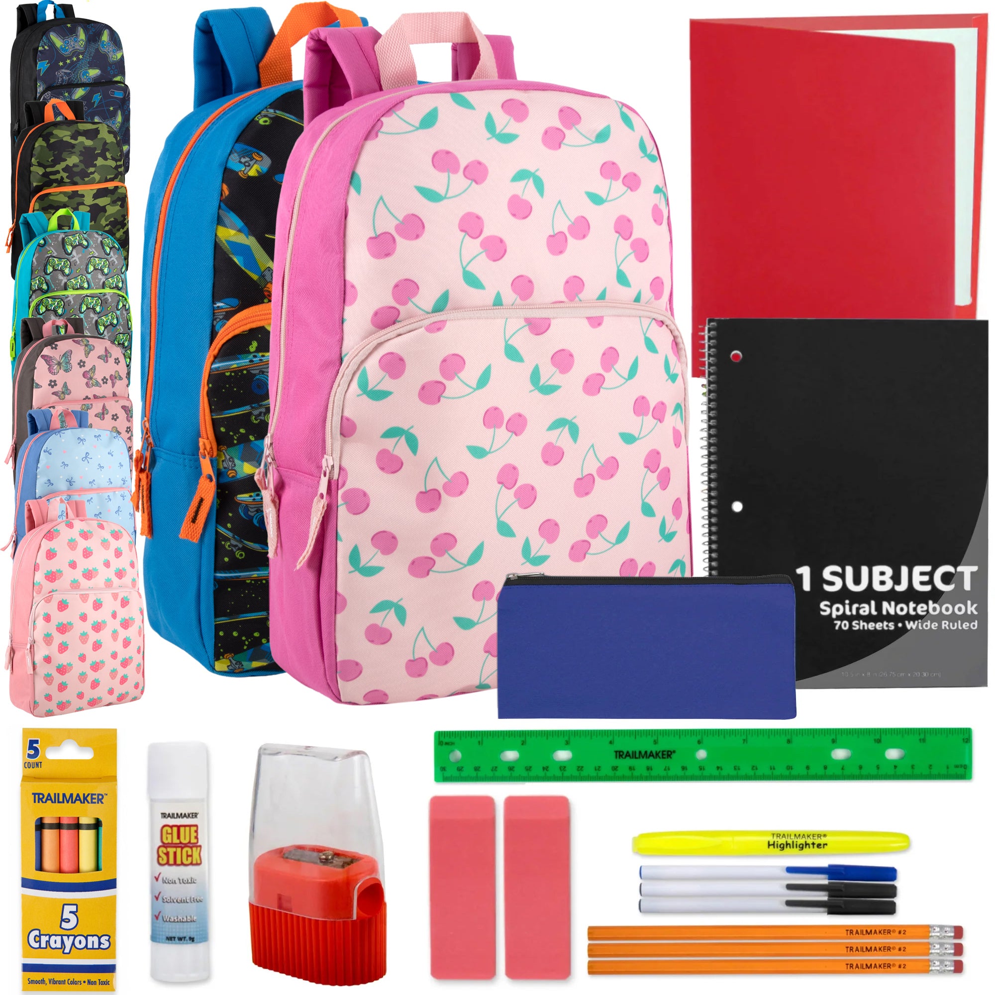 Wholesale 17 Inch Printed Backpack 20 Piece School Supplies Kit 8 Prints IntoWholesale 17 inch printed backpack with 20 piece school supplies kit in assorted prints