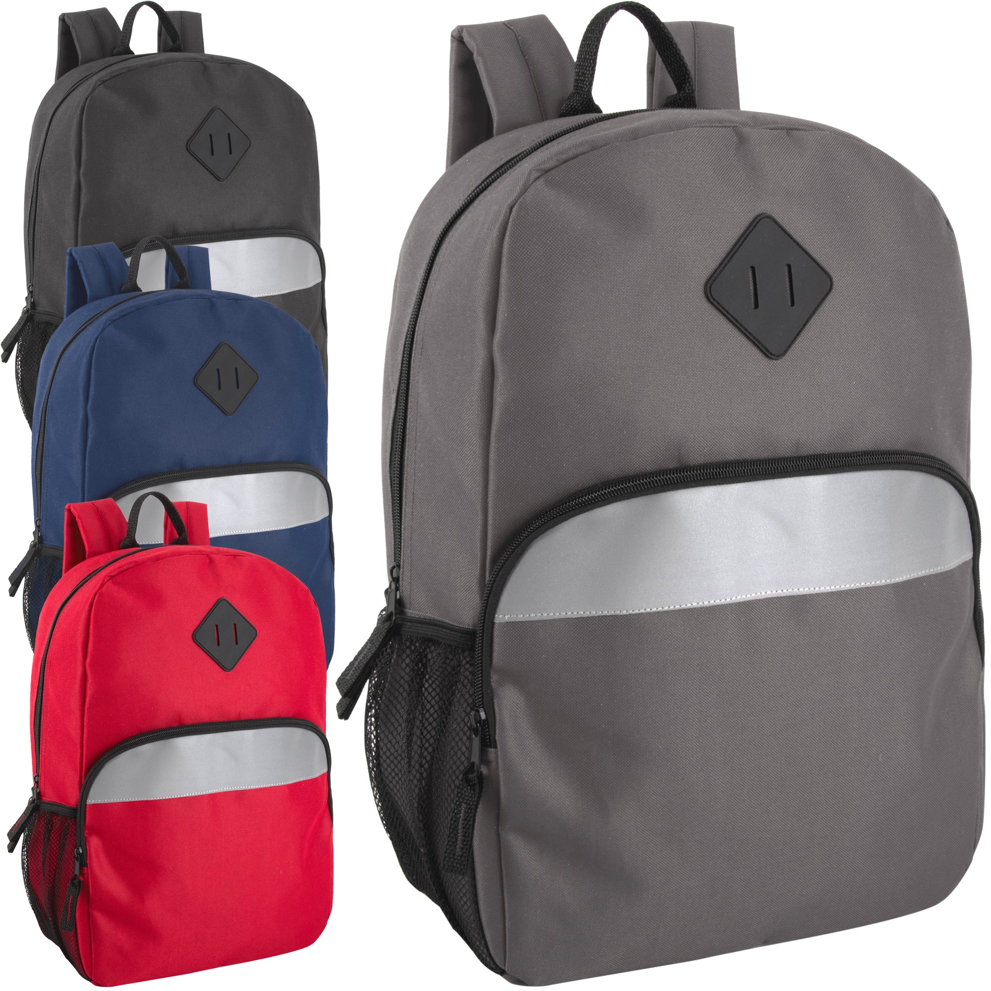 Wholesale 17 Inch Safety Reflective Backpack with Side Pocket 4 Color Pack IntoWholesale 17 inch safety reflective backpack with side pocket in 4 color pack