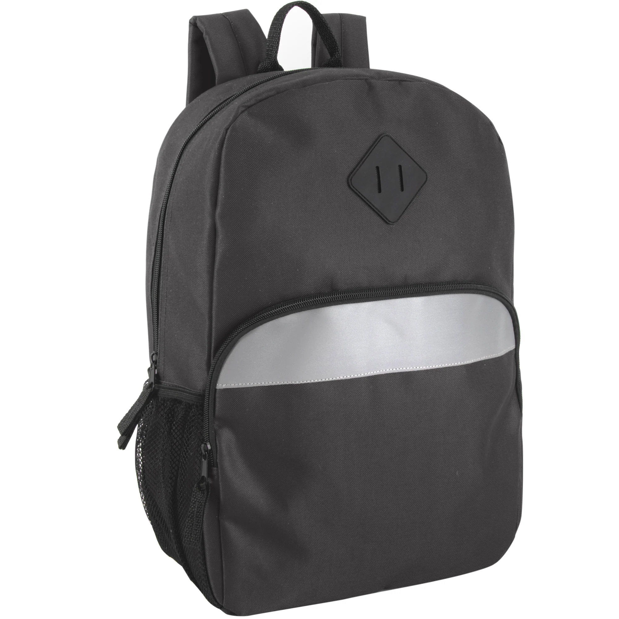Wholesale 17 Inch Safety Reflective Backpack with Side Pocket Black IntoWholesale 17 inch safety reflective backpack with side pocket in black