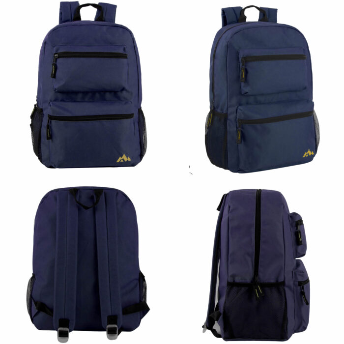 Bulk 17 inch double front pocket backpack available in 4 assorted colors