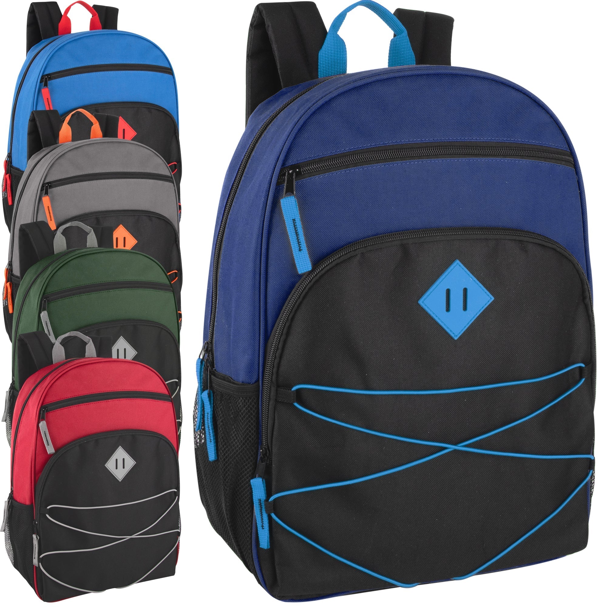 Wholesale 17 Inch Multi Pocket Bungee Backpack 5 Colors IntoWholesale 17 inch multi pocket bungee backpack available in 5 assorted colors