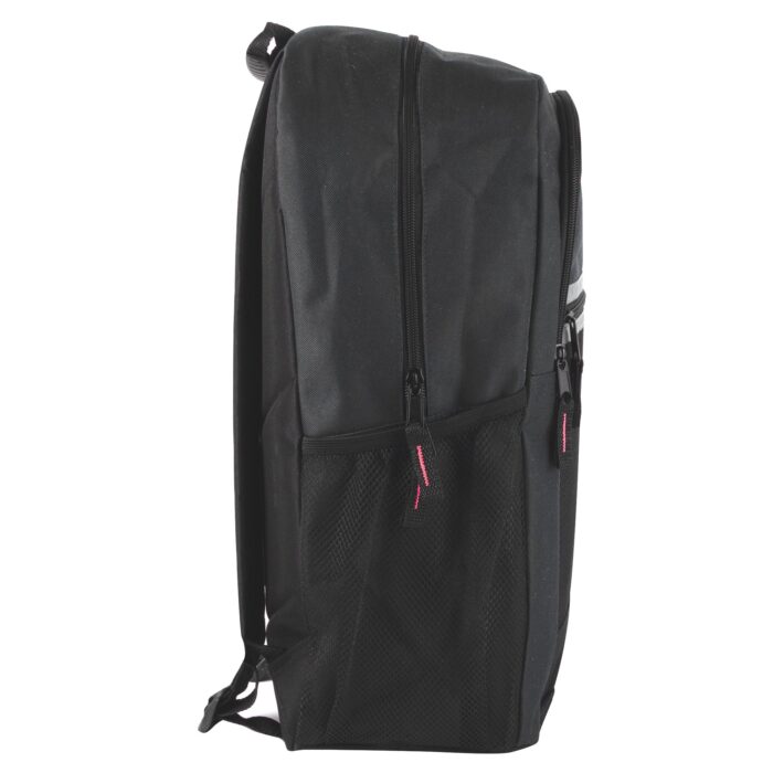 18 inch Mountain Edge multi pocket reflective black backpack with laptop section side view