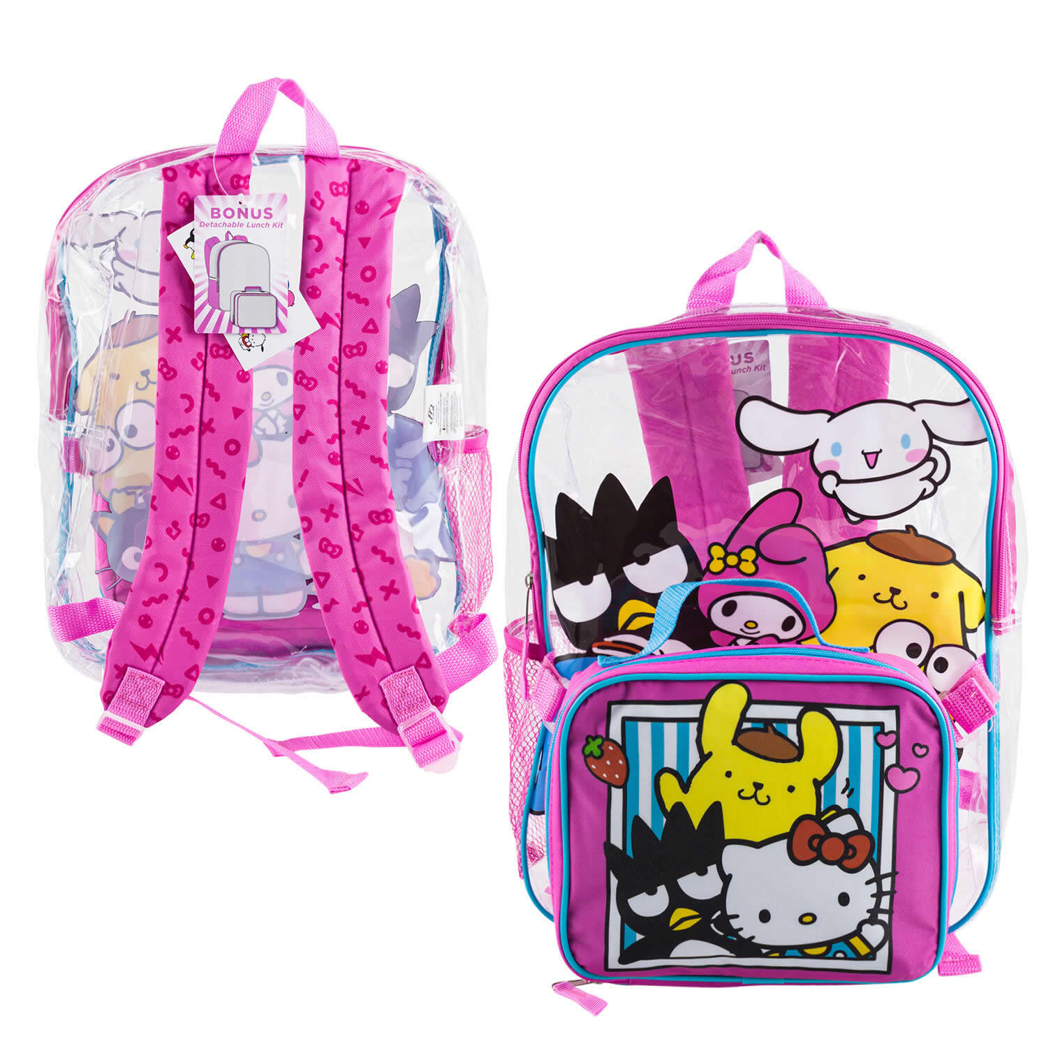 Wholesale Hello Kitty Friends Backpack and Detachable Lunch Kit 15 Clear and Pink IntoWholesale Hello Kitty Friends clear pink 15 inch backpack with detachable lunch kit for school