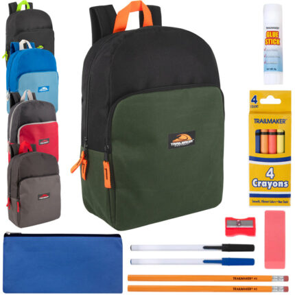 15 inch two tone backpack with 12 piece school supply kit in assorted colors