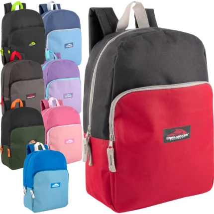 Bulk 15-inch boys two-tone backpacks available in 8 assorted colors