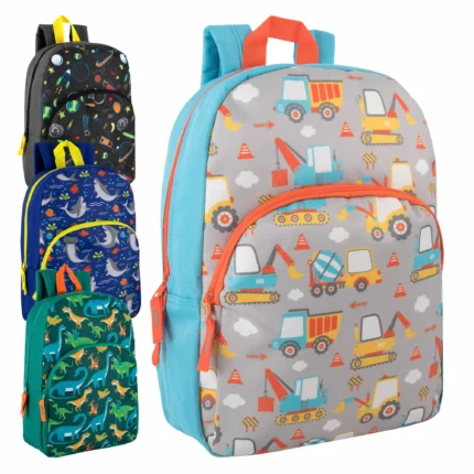 15-inch kids printed backpacks in 4 assorted print designs for school