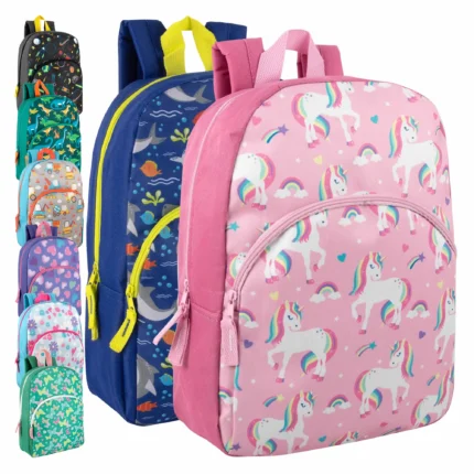 15 inch kids printed backpacks in 8 assorted print designs for school