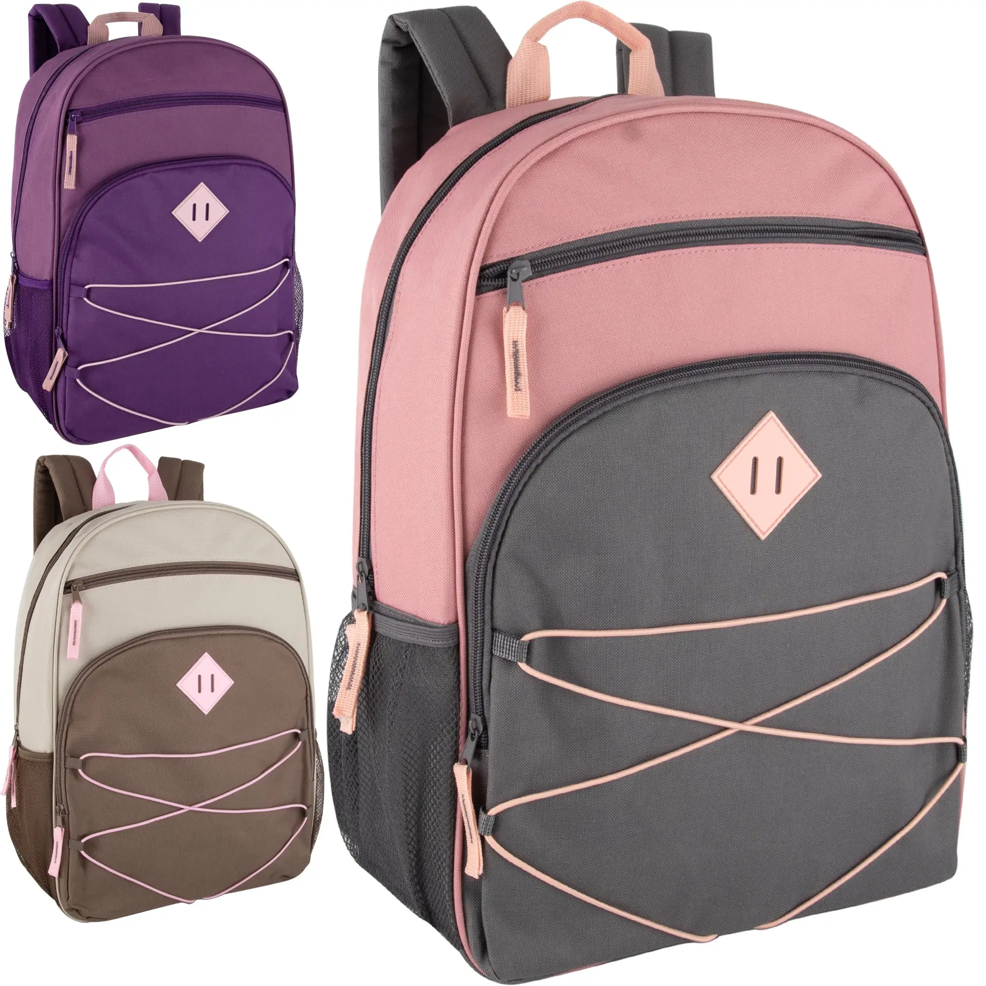 Wholesale 17 Inch Multi Pocket Bungee Backpack 3 Colors IntoWholesale 17 inch multi pocket bungee backpack in 3 assorted colors