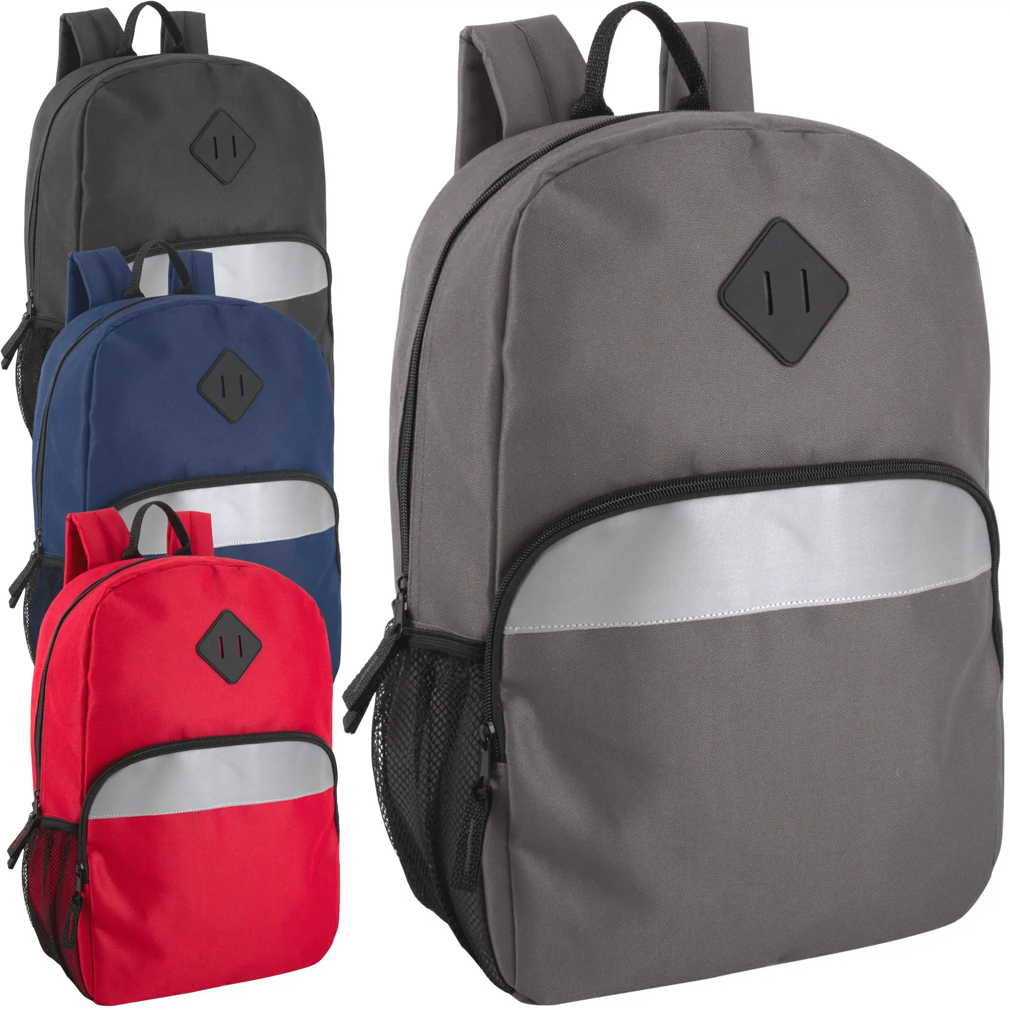 Wholesale 17 Inch Safety Reflective Backpack with Side Pocket 4 Color Pack IntoWholesale 17 inch safety reflective backpack with side pocket in 4 color pack