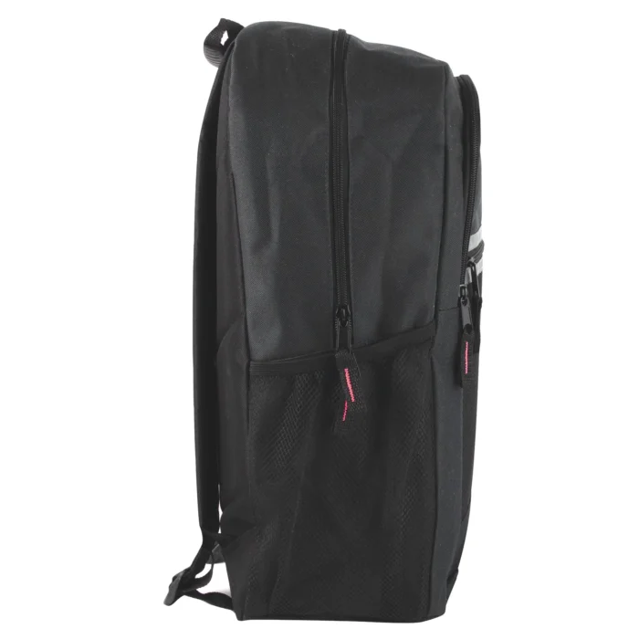 18 inch Mountain Edge multi pocket reflective black backpack with laptop section side view