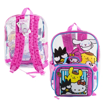 Hello Kitty Friends clear pink 15 inch backpack with detachable lunch kit for school