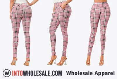 Wholesale Treggings Pink Plaid Design Sold in Bulk