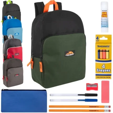 15 inch two tone backpack with 12 piece school supply kit in assorted colors